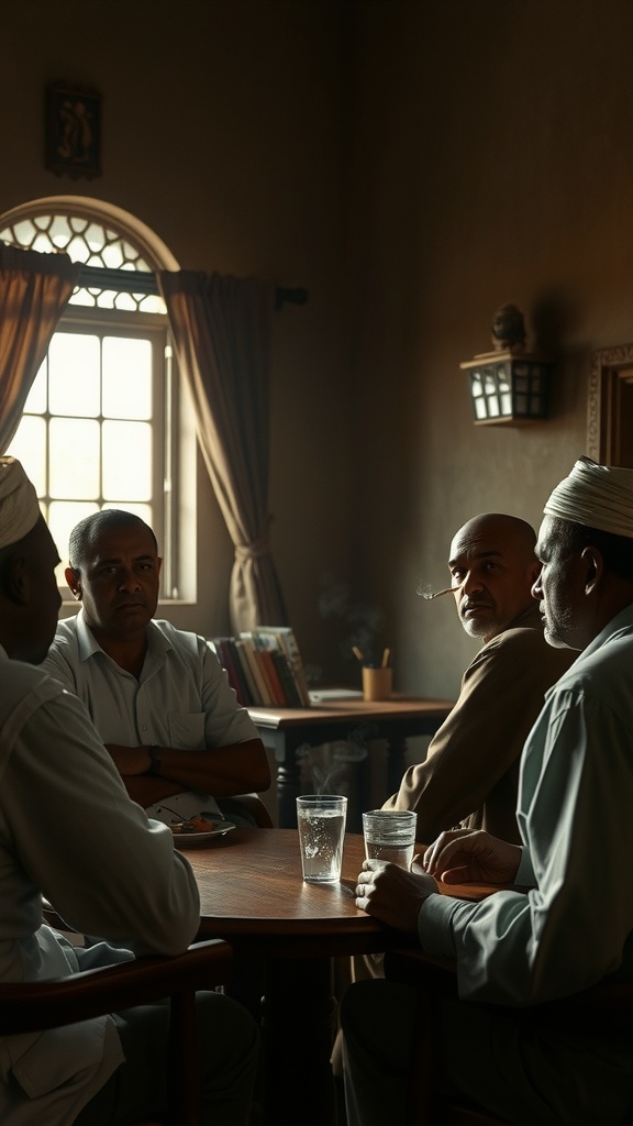 A group of men engage in a serious discussion around a table in a dimly lit room.