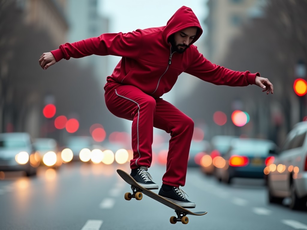 A dynamic shot of a skateboarder in a red tracksuit performing a trick on a city street, with blurred car lights in the background creating a bokeh effect.