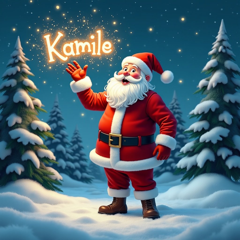 Jolly Santa Claus in snowy landscape. Holding magical wand shining with sparkles. Name Kamile appears in the sky. Classic red suit with white fur trim. Twinkling eyes filled with joy. Behind snowy scene with evergreen trees. Starry night sky. Festive magical atmosphere for holiday season.