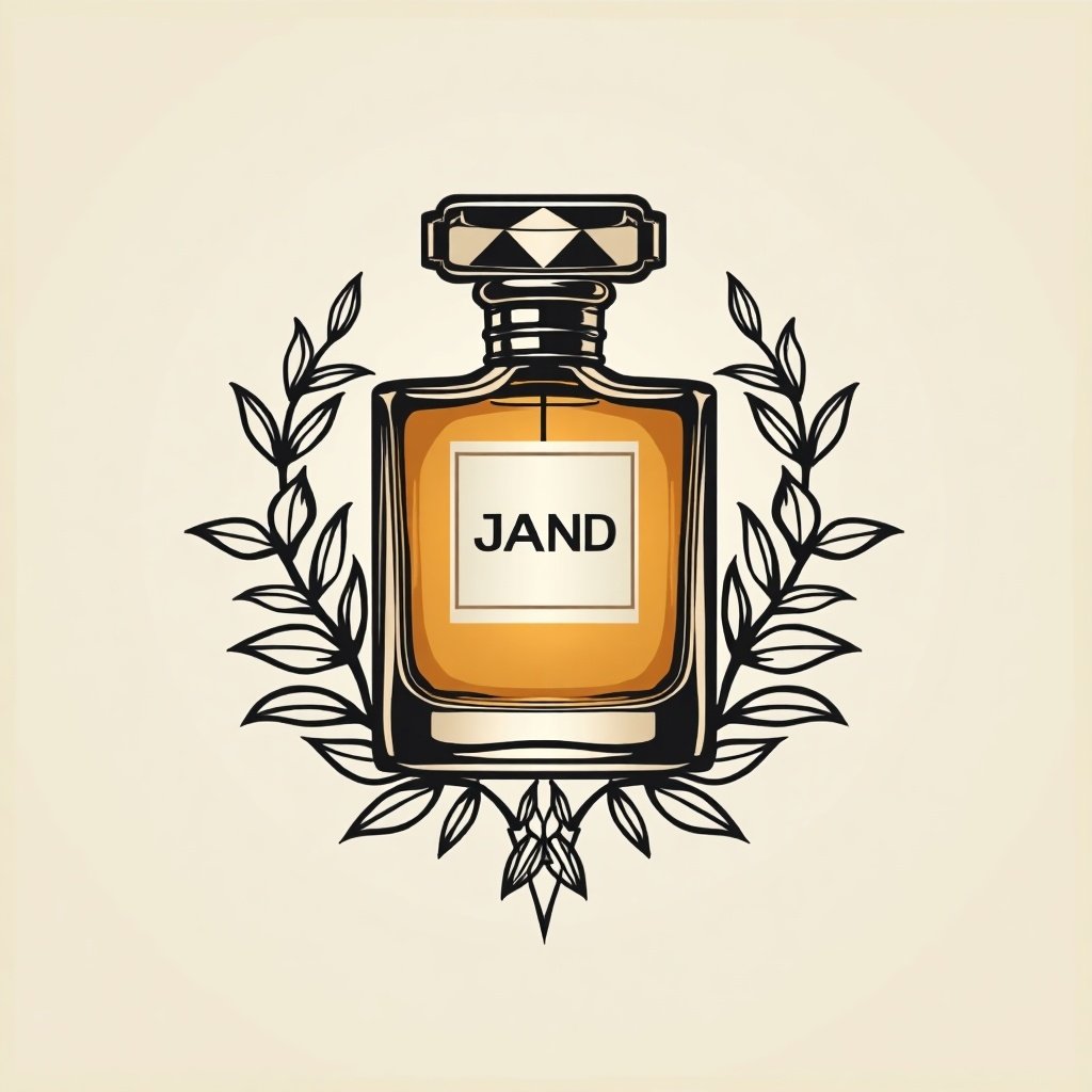 Design a logo for a high-end fragrance brand featuring a stylish perfume bottle. Include elegant typography with the name 'JAND'. Use a sophisticated color palette.