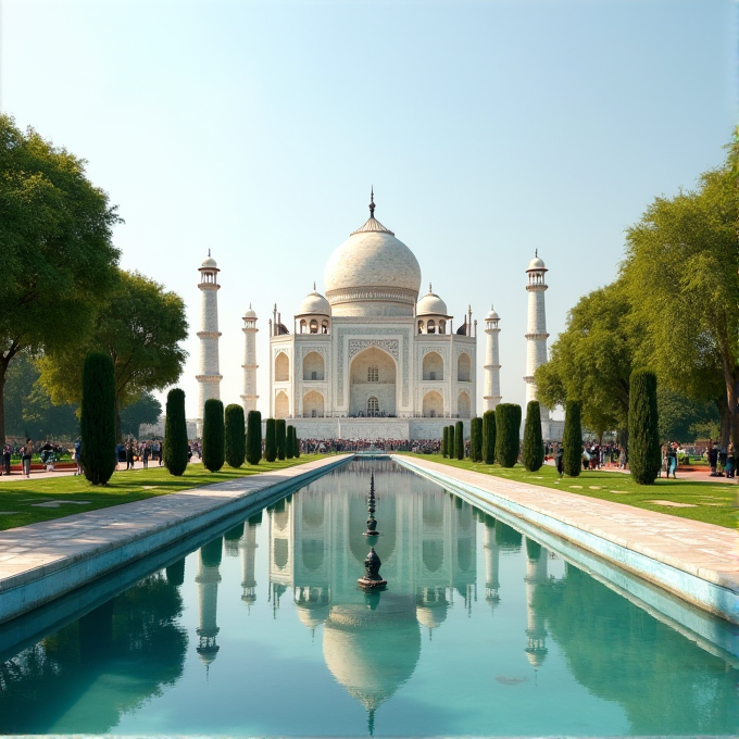 The Taj Mahal with its iconic white marble dome is mirrored in the reflecting pool, flanked by symmetrical gardens and lush green trees, under a clear blue sky.