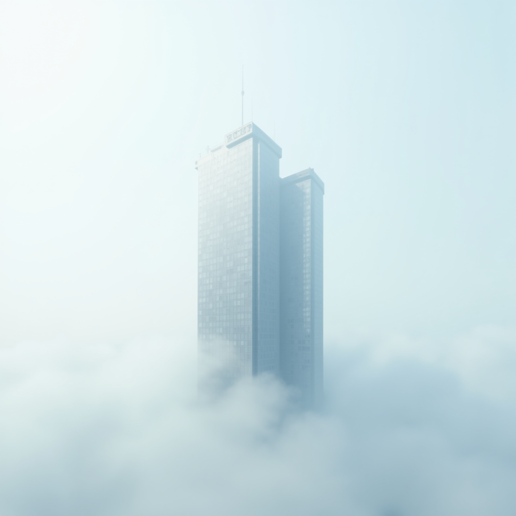 A tall building emerges through thick clouds in a serene, ethereal scene.