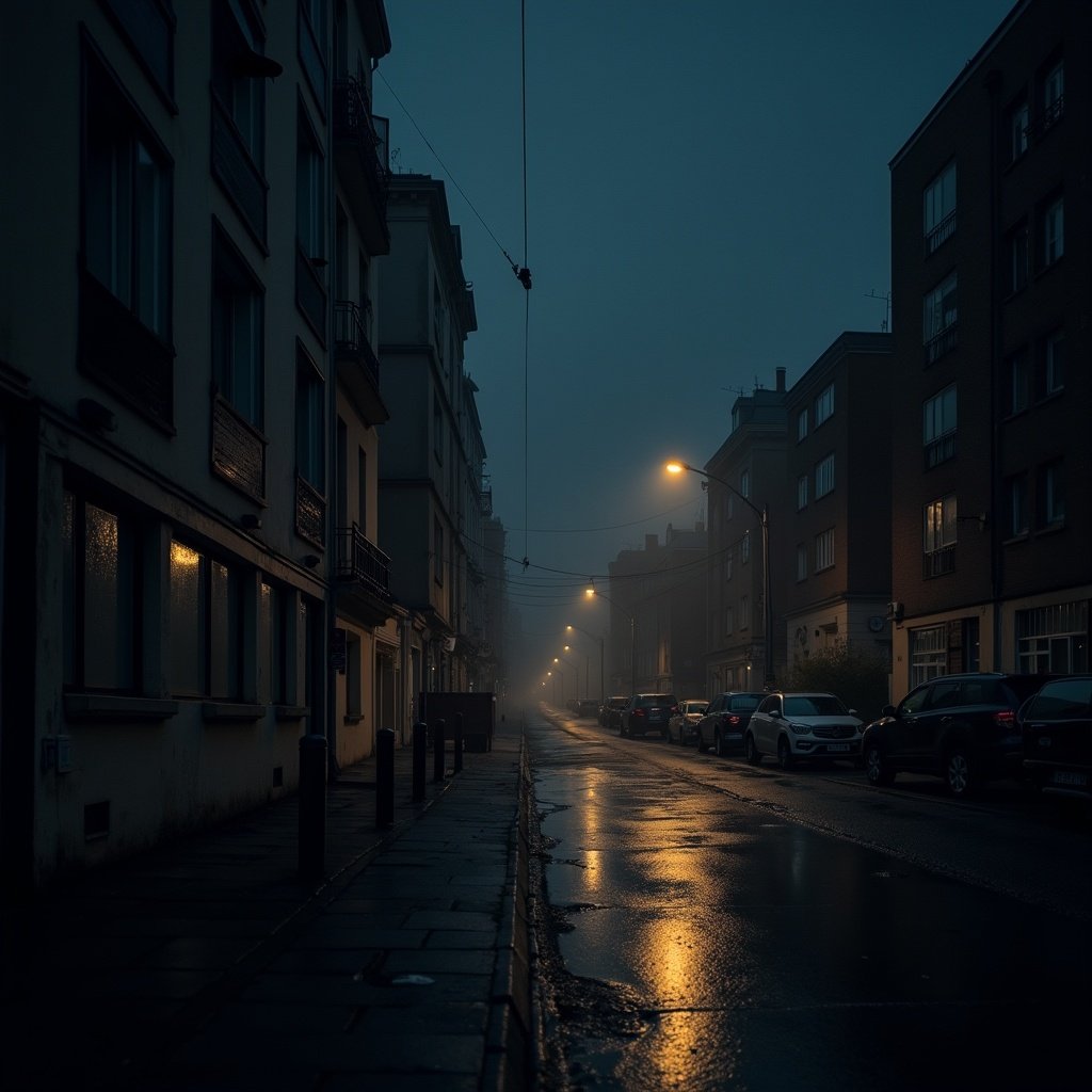 Quiet street scene at night. Light fog envelops buildings. Streetlights glow softly. Reflections captured on wet pavement. Parked cars line the road.