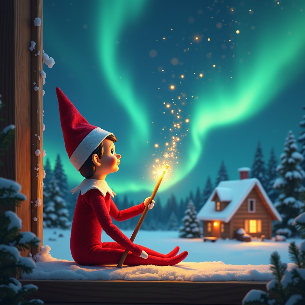 An elf with a glowing wand sits looking up. Background shows colorful northern lights. A cozy snow-covered house appears in the distance. Snow blankets the ground. Elf represents Christmas magic. Name Willow & Wynter glows in the air from the wand.