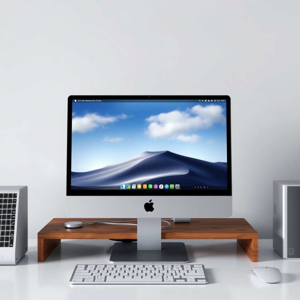 A sleek and modern office setup featuring an iMac on a wooden stand, accompanied by a keyboard and mouse.