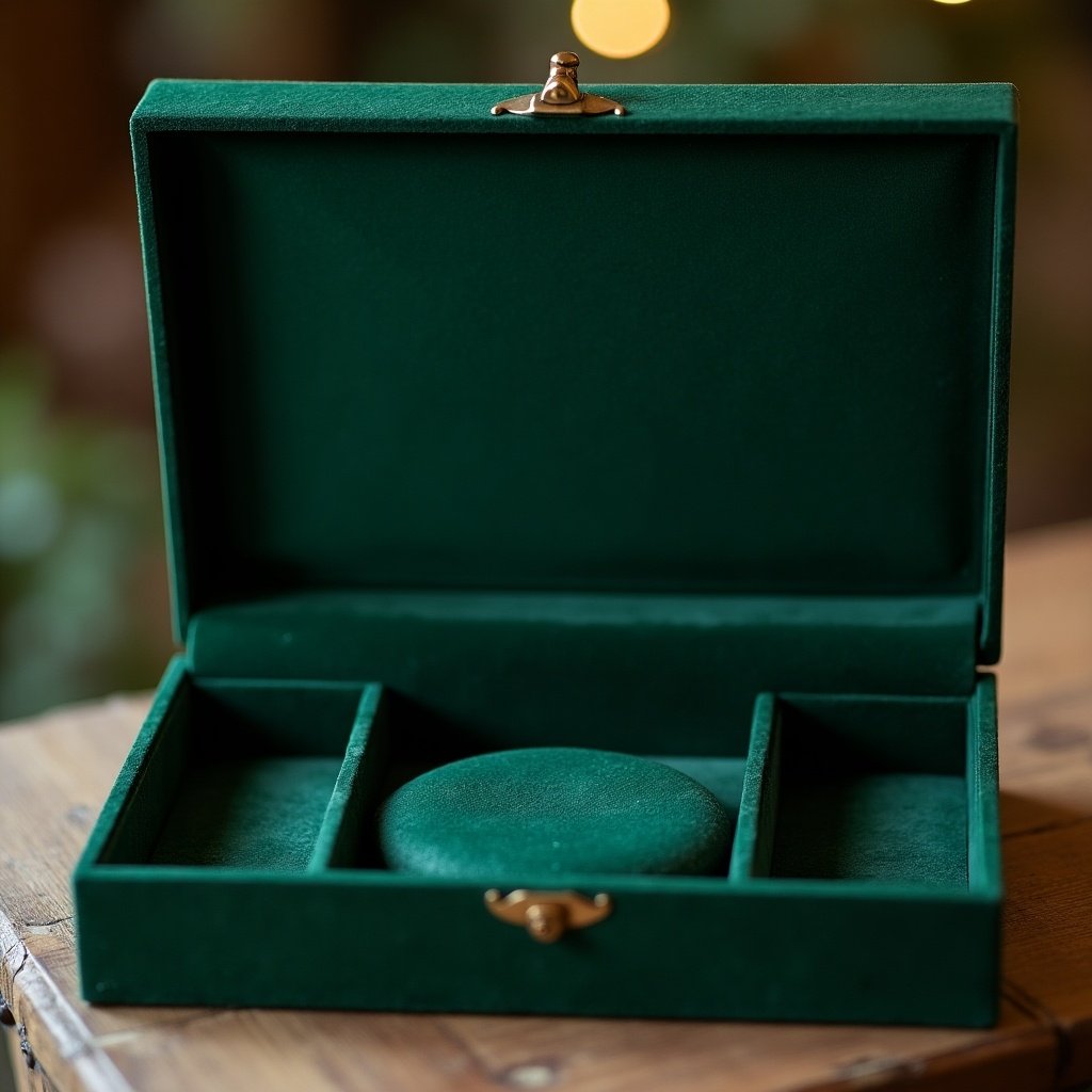 Box with dark green velvet finish inside. It features a smooth surface and gold clasp. The box is open to reveal compartments for jewelry storage. Soft lighting highlights its elegant appearance.