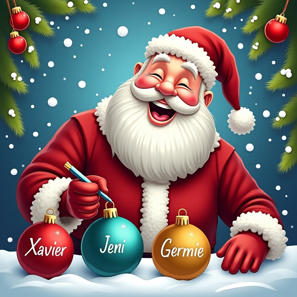 Santa Claus joyfully writes names on colorful Christmas baubles. He is in a snowy backdrop with festive greenery. The baubles have names 'Xavier,' 'Jeni,' and 'Germie.' Santa wears a red suit with a big cheerful smile. The colors are vibrant highlighting the holiday spirit. This scene embodies warmth and joy of the Christmas season with personalization theme.