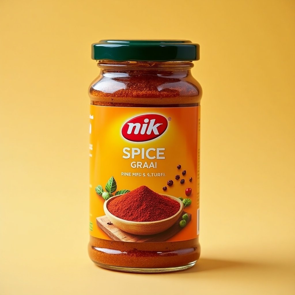 Spice product in a colorful jar with a brand name nik. Jar contains spice mix with earthy tones. Bright background highlights the product.