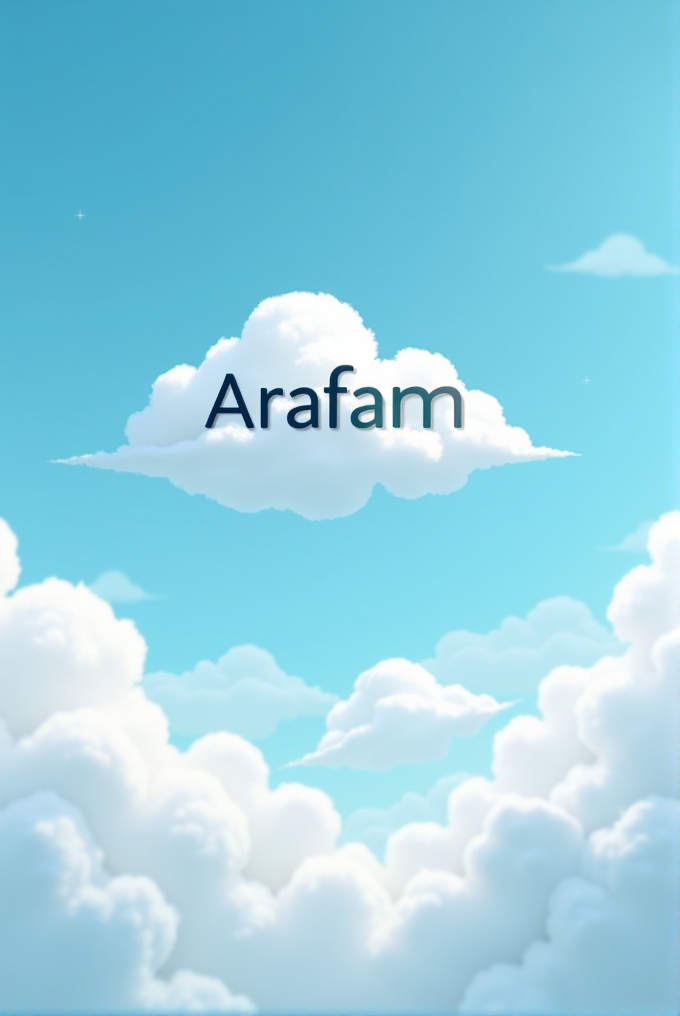 Fluffy white clouds set against a bright blue sky with the word 'Arafam' floating on one cloud.