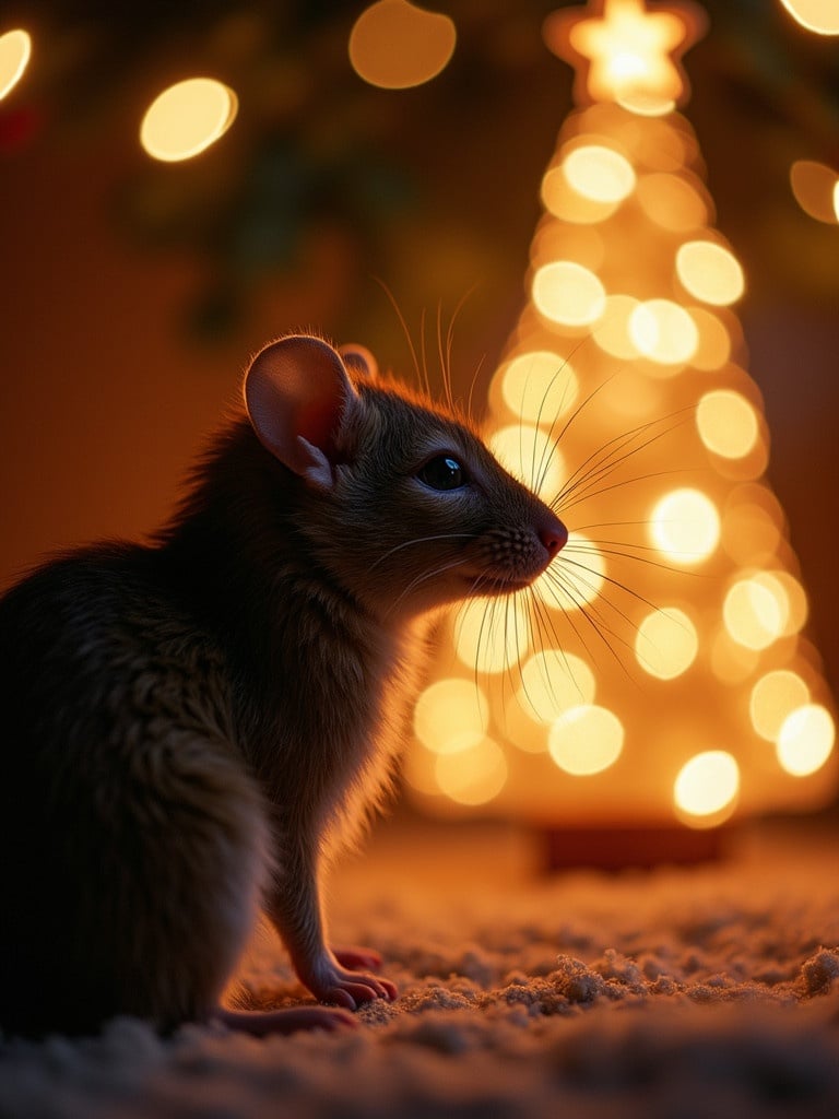 Mouse sitting profile in front of a softly glowing Christmas tree. Blurry lights create a festive bokeh. The scene is warm and inviting.