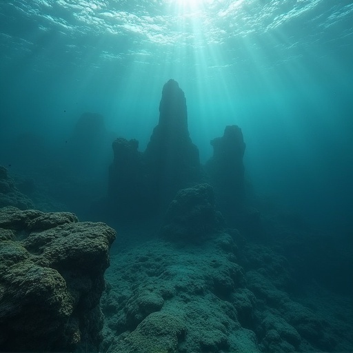 Underwater scene showing remains reminiscent of Atlantis with towering rock formations and filtered sunlight