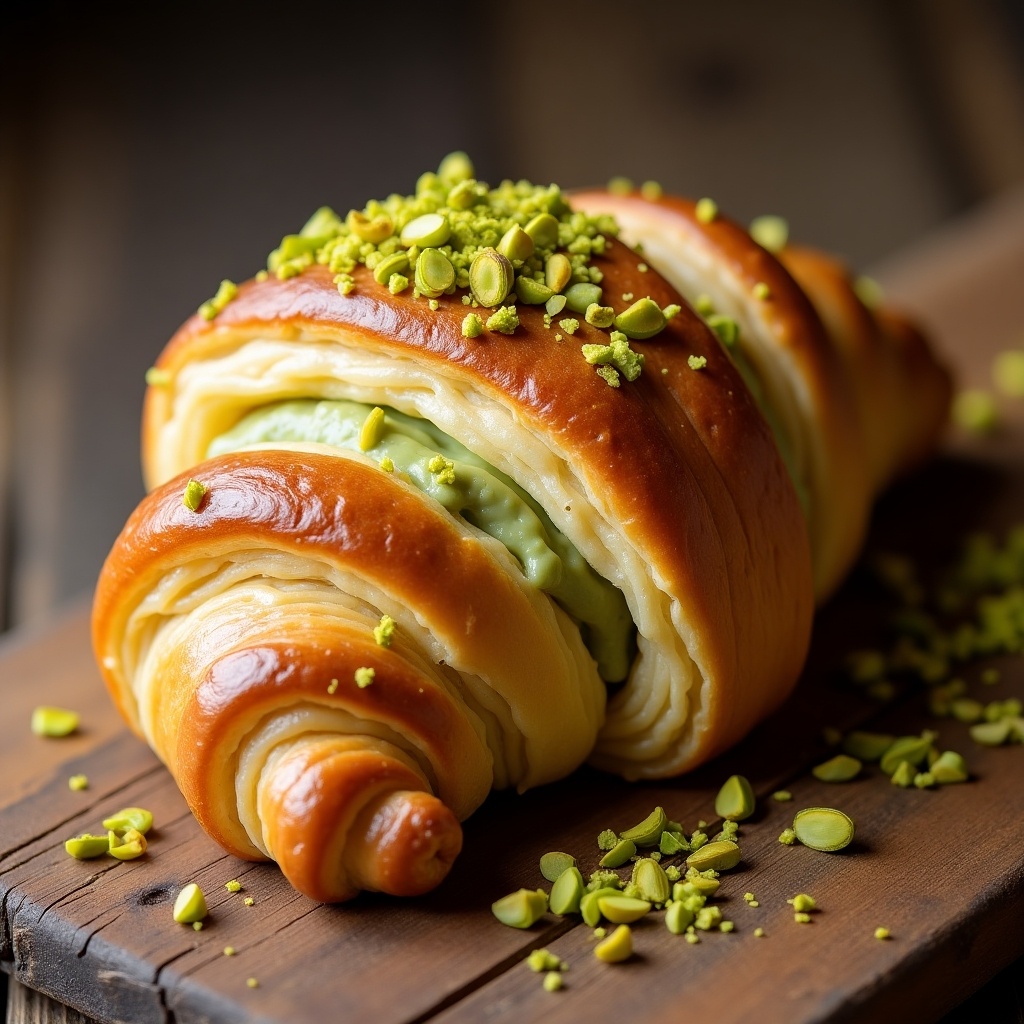 This image showcases a delicious pistachio croissant. The croissant is beautifully golden brown, with a rich, flaky texture. Inside, there's a creamy pastel green pistachio filling. It's topped with chopped pistachios, adding a crunchy texture to every bite. The croissant is presented on a rustic wooden board, making it look both inviting and gourmet. This dessert is perfect for any trendy bakery or café setting, embodying the fusion between French and modern baking.