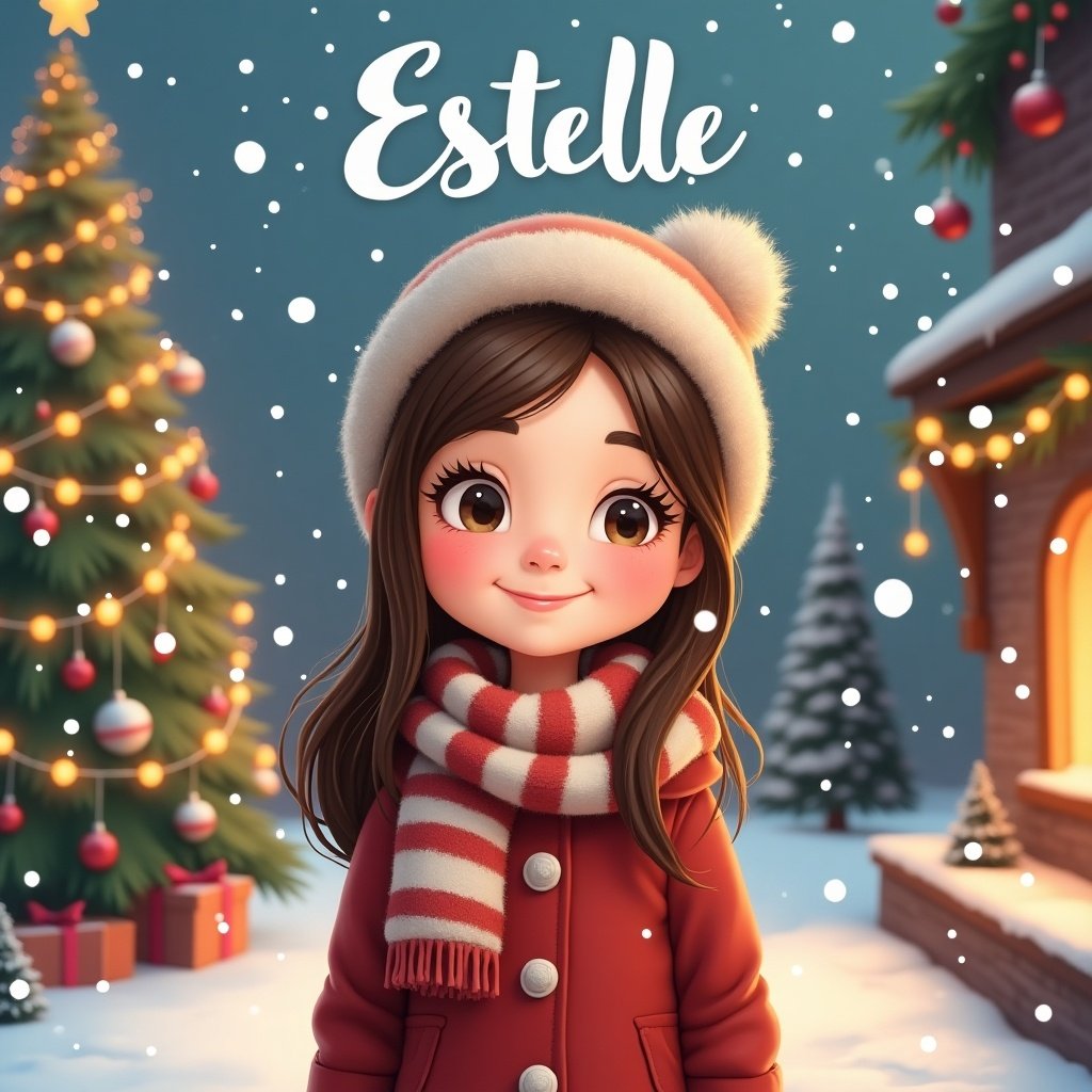 Cartoon character with straight brown hair wearing winter clothes in a Christmas scene with snow and a cozy background. The name Estelle is prominently displayed.