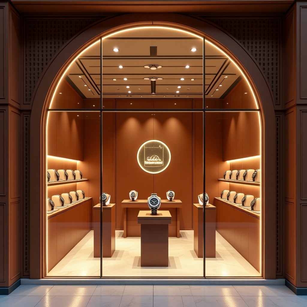 This image depicts a modern storefront called 'Gaurav's Watches' featuring elegant arches and glass panels. The overall color scheme is terracotta, giving it a warm and inviting feel. Inside, various luxury watches are prominently displayed on podiums, drawing inspiration from Rolex's sophisticated style. A modern, illuminated sign in the background reads 'Gaurav's Watches,' creating a focal point that is easy to remember. The shop is well-lit with natural daylight, enhancing the beauty of the watch display and creating an inviting atmosphere for potential customers.