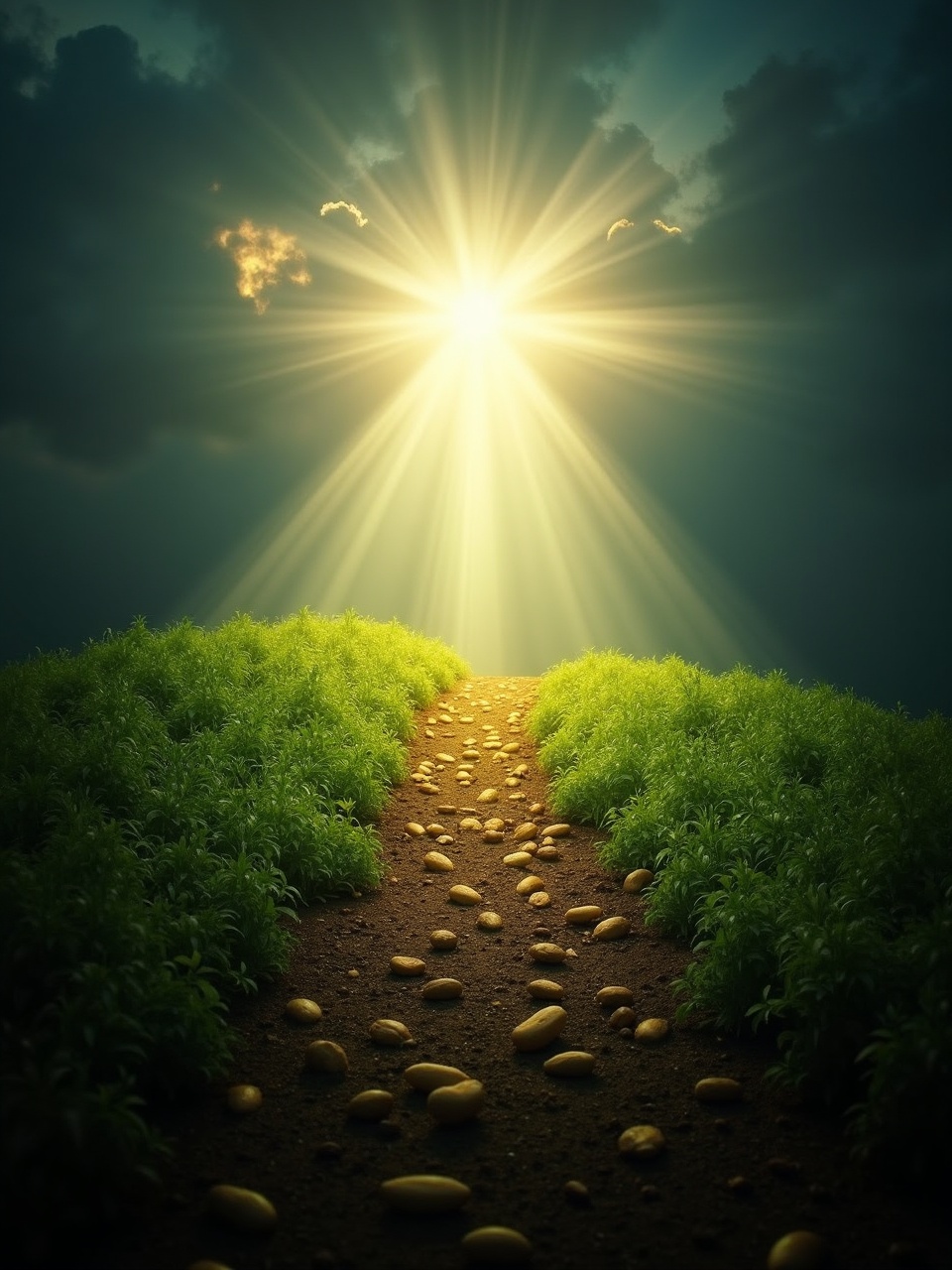 A glowing pathway leading through a lush green field towards bright light shining through dark clouds, symbolizing hope or guidance.