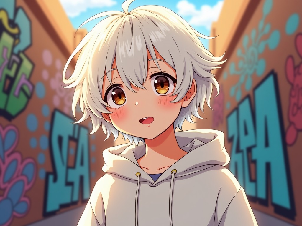 A cute anime character with white hair standing in front of colorful graffiti, wearing a hoodie, bright and vibrant background