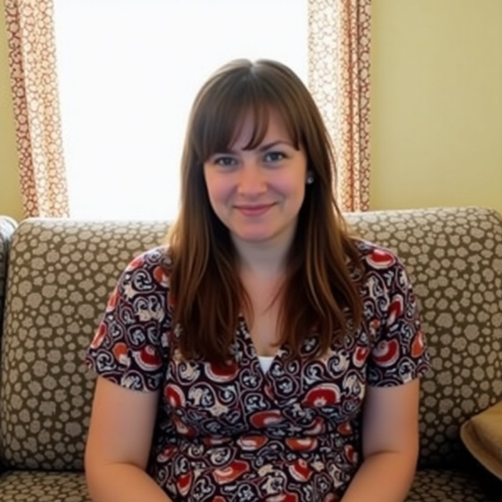 A person sits on a couch with a colorful patterned fabric. The background has curtain and a pale wall. The person has long straight hair and wears a patterned garment. The scene appears to be a cozy indoor space, likely a living room.