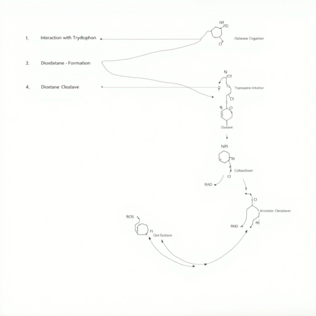 This diagram illustrates the quantum mechanical interaction of Reactive Oxygen Species (ROS) with tryptophan residues in proteins. Step 1 shows the initial interaction of ROS with tryptophan, labeled as 'ROS Interaction with Tryptophan'. This leads to Step 2, where a dioxetane intermediate is formed, labeled 'Dioxetane Formation'. In Step 3, the dioxetane cleaves to generate excited triplet carbonyl groups, marked as 'Dioxetane Cleavage'. Finally, Step 4 illustrates the energy transfer across aromatic networks within the protein, labeled as 'Energy Sharing Across Aromatic Networks'. Arrows indicate the direction of processes with transition names such as 'Oxidation → Cleavage → Excitation Transfer'. Molecular structures for ROS, tryptophan, dioxetane, and carbonyl groups are included and labeled for clarity.