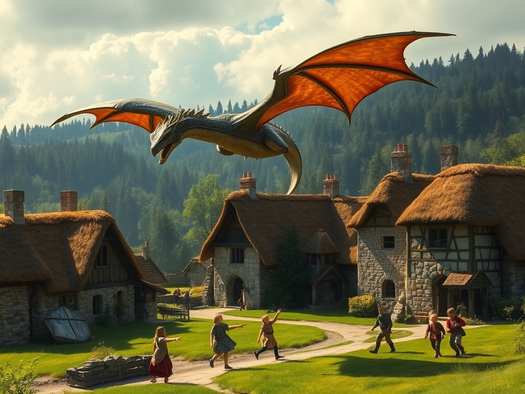 A majestic dragon with fiery orange wings soars over a quaint medieval village. The thatched-roof cottages, nestled among lush verdant hills, exude a peaceful charm despite the dragon's presence. Villagers, mostly children, appear excited and awed, pointing up at the mythical creature, suggesting an atmosphere of wonder rather than fear.