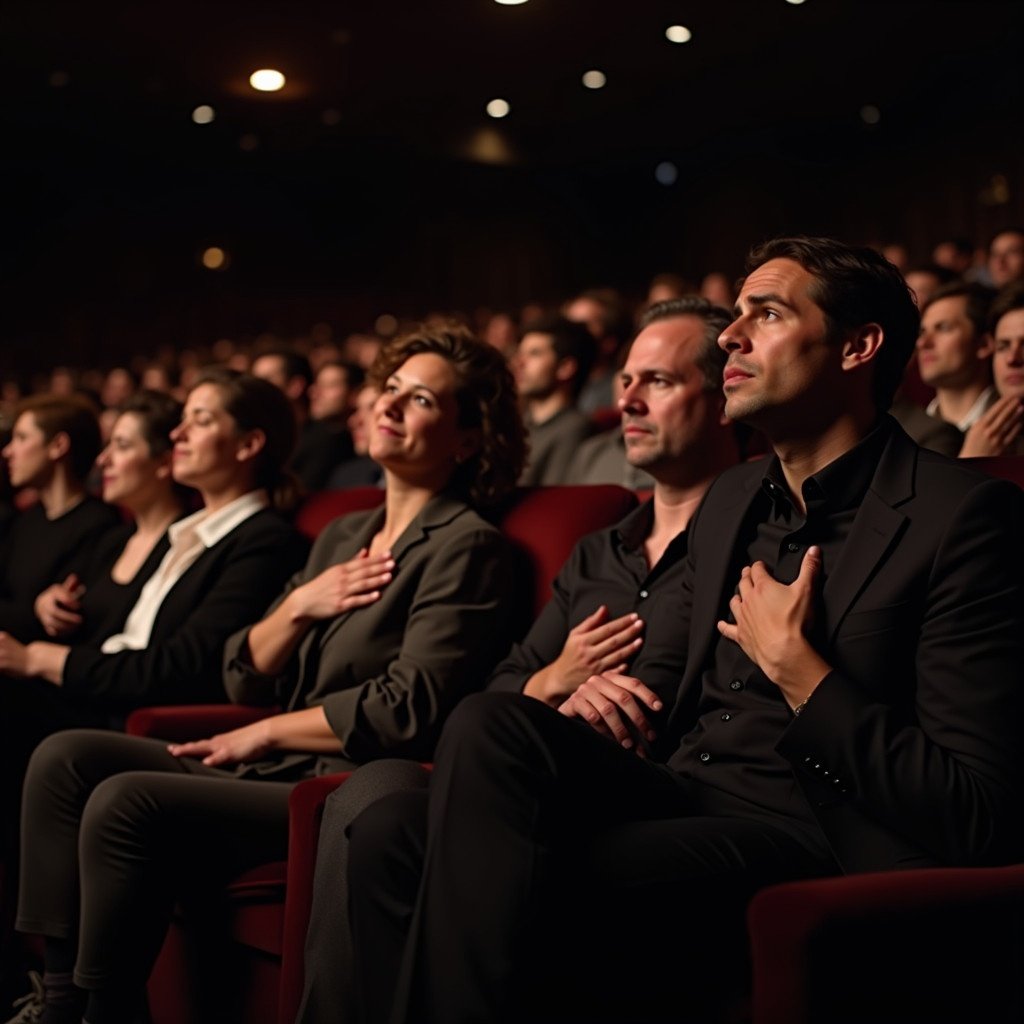 Audience in a theater watching a performance. Expressions of deep emotion on their faces. Some with hands over their hearts. Others appear moved and inspired. Soft lighting creates a warm atmosphere. A sense of connection through music.