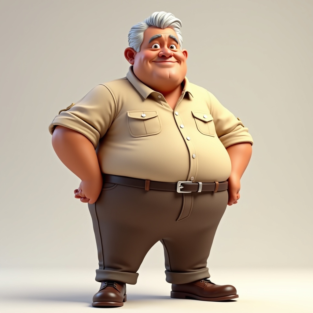 3D stylized elderly man with chubby build. Short white-gray hair styled back. Wearing beige shirt and brown slacks. Soft cel-shading and detailed skin textures. Designed for rigging in animation. Natural urban style.