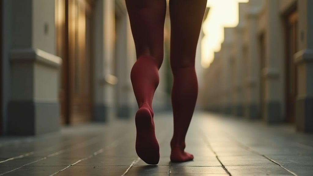 Back view of a young woman's legs wearing red stockings. The legs have a run in them. The setting has warm golden hour lighting. The perspective focuses on the legs as the woman walks along a pathway.