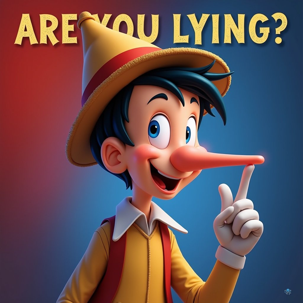 An animated character with a long nose reminiscent of Pinocchio. Text includes 'ARE YOU LYING?' The background is a blend of red and blue colors.