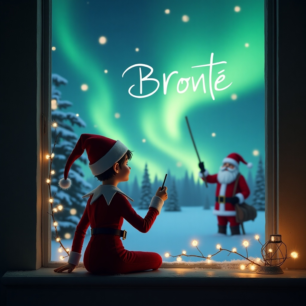 The image features a young elf on the shelf, facing a window with his back to the viewer. He is using a wand to write 'Bronté' in the sky, surrounded by a magical Christmas scene. Behind him, the sky is illuminated by northern lights, creating a vibrant backdrop. Outside the window, Santa Claus can be seen, adding to the holiday spirit. The elf's cozy setting is enhanced by a string of warm lights, creating a whimsical atmosphere perfect for the festive season.