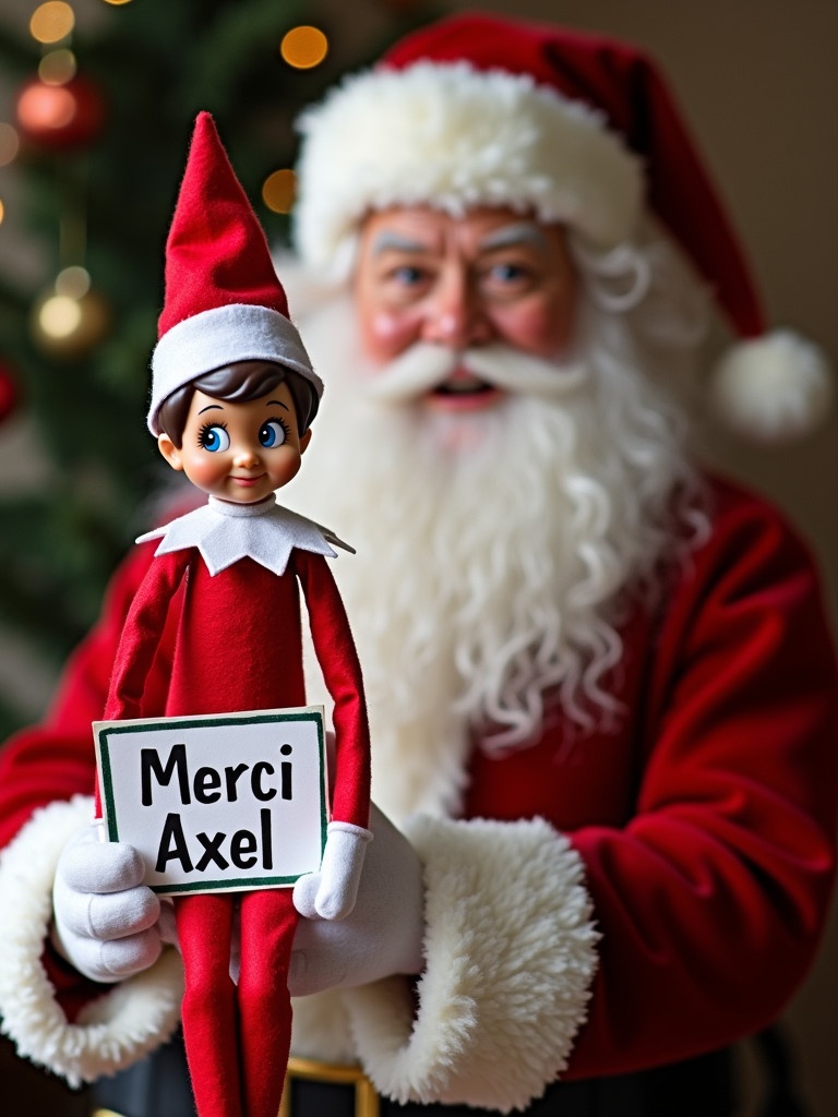 Santa dressed in red holding an elf wearing a red and white outfit. The elf holds a sign saying Merci Axel. A Christmas tree is in the background.