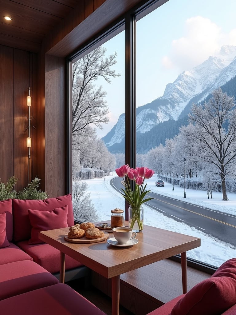 Cozy coffee shop with modern decor. Dark maroon wooden interiors create a warm ambiance. Big glass window reveals a winter landscape with snow-capped mountains. Table adorned with pink tulips, a coffee cup, cookies, and pastries. Soft lighting enhances the inviting atmosphere.