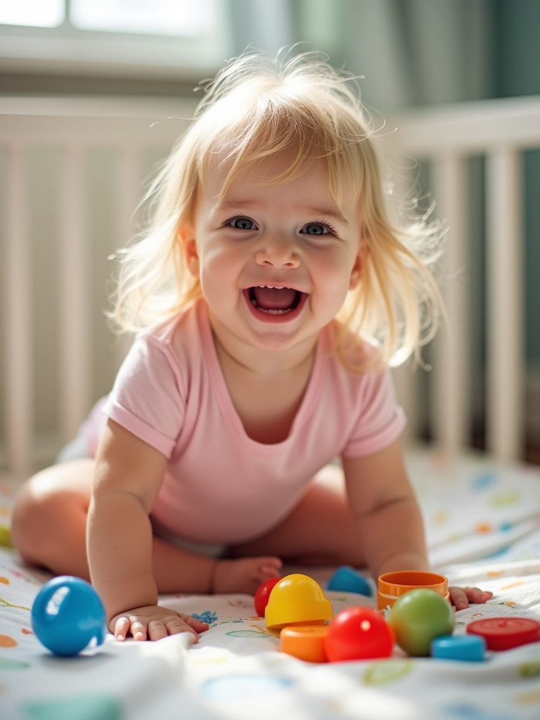 A joyful toddler plays in her crib. Long blond hair frames a happy face. Wearing a pink t-shirt and a diaper. Colorful toys are scattered on the playful patterned sheet. Soft bright lighting enhances the inviting atmosphere.