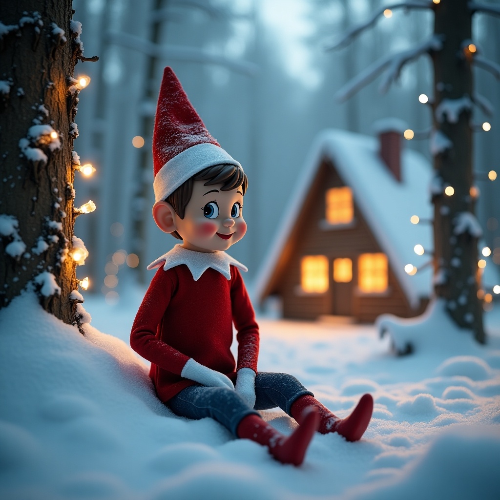 Isaac, an elf on the shelf, sits happily in a snowy landscape. He wears a red outfit with a white collar, complete with a festive hat. Behind him is a cozy cabin, warmly lit to create a magical holiday atmosphere. The ground is blanketed in soft, white snow, and trees decorated with twinkling lights surround him. It's a peaceful winter scene that evokes the spirit of Christmas.