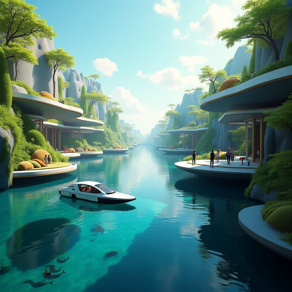 This image portrays a breathtaking futuristic water world where vibrant nature meets advanced architecture. The scene features serene waterways surrounded by lush greenery and modern structures that blend seamlessly into the landscape. A sleek boat glides through the crystal-clear water, while people enjoy the tranquil environment. The backdrop showcases majestic mountains with soft contours, creating a peaceful ambiance. This imaginative setting evokes thoughts of sustainability and harmony between nature and technology.