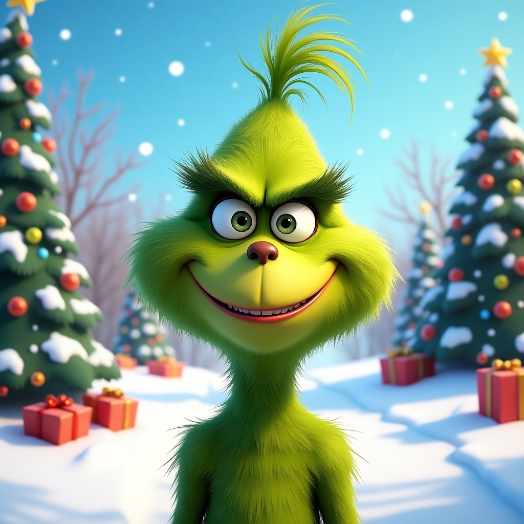 A cartoon character known as the Grinch surrounded by Christmas trees and gifts. A winter scene evokes a festive atmosphere. The character has a green fluffy appearance with big eyes and a mischievous smile.