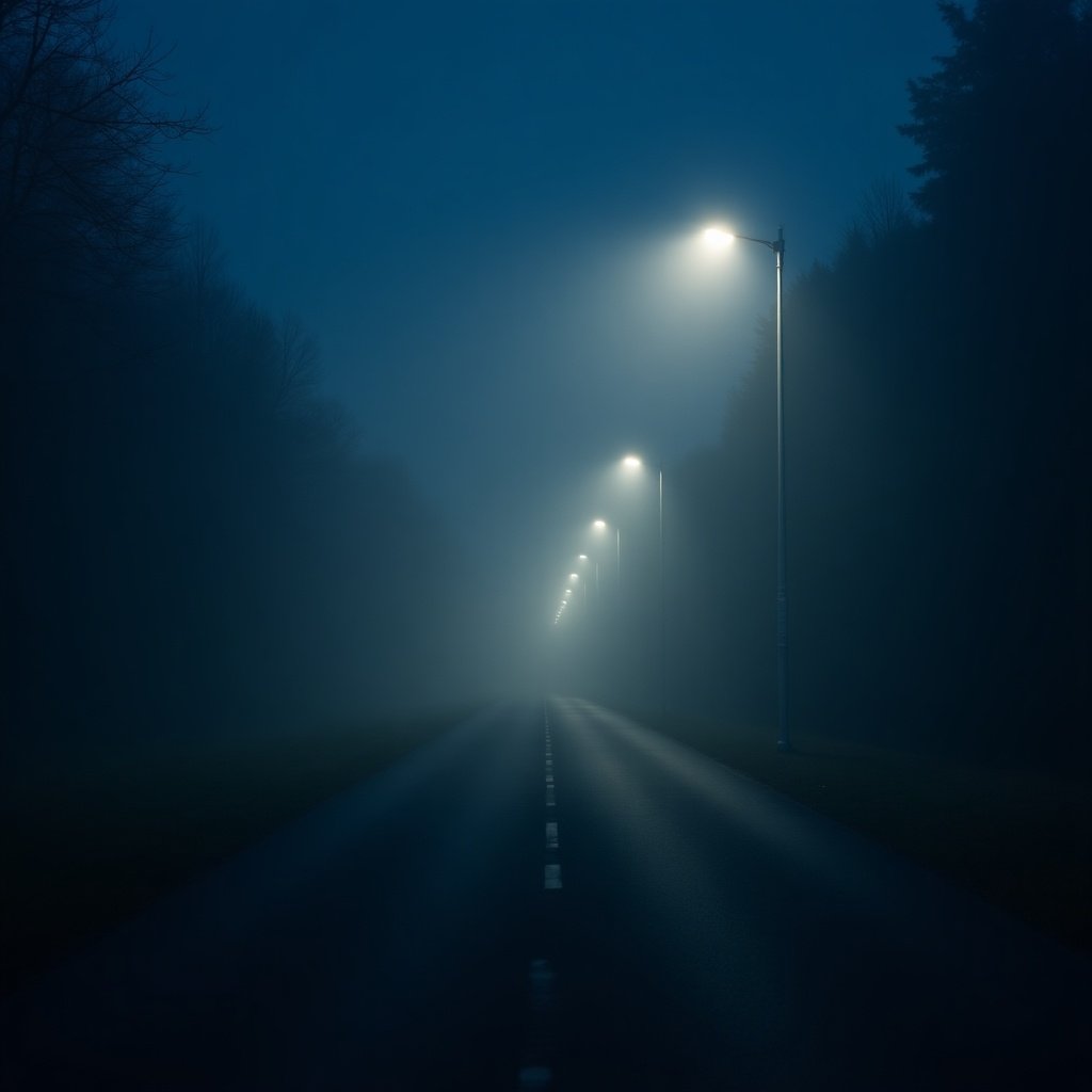 A foggy road under street lamps during a dark blue misty night. The road stretches into the distance disappearing into the fog.