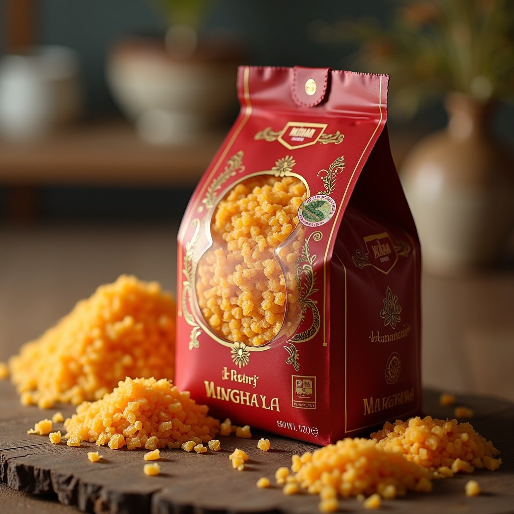 Meaningful image of premium packaged makhana on a wooden surface. Bright colors emphasis on traditional design. Context includes scattered makhana around the packing for visual appeal.