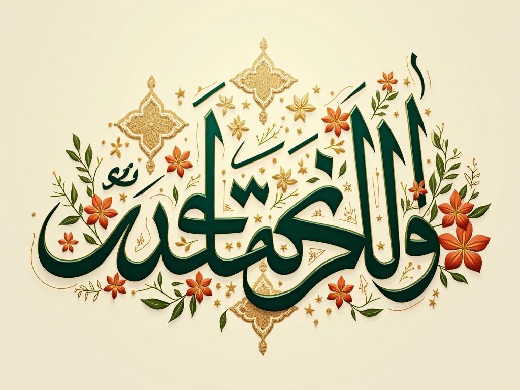 The image is a beautiful display of Arabic calligraphy, featuring intricate floral designs that surround the text. The dominant colors are rich greens and golds, conveying a sense of elegance and spirituality. The calligraphy embodies a positive message, highlighting the importance of faith. The incorporation of flowers adds a refreshing touch, symbolizing growth and beauty. Overall, the composition is harmonious and visually captivating, making it suitable for various decorative purposes.