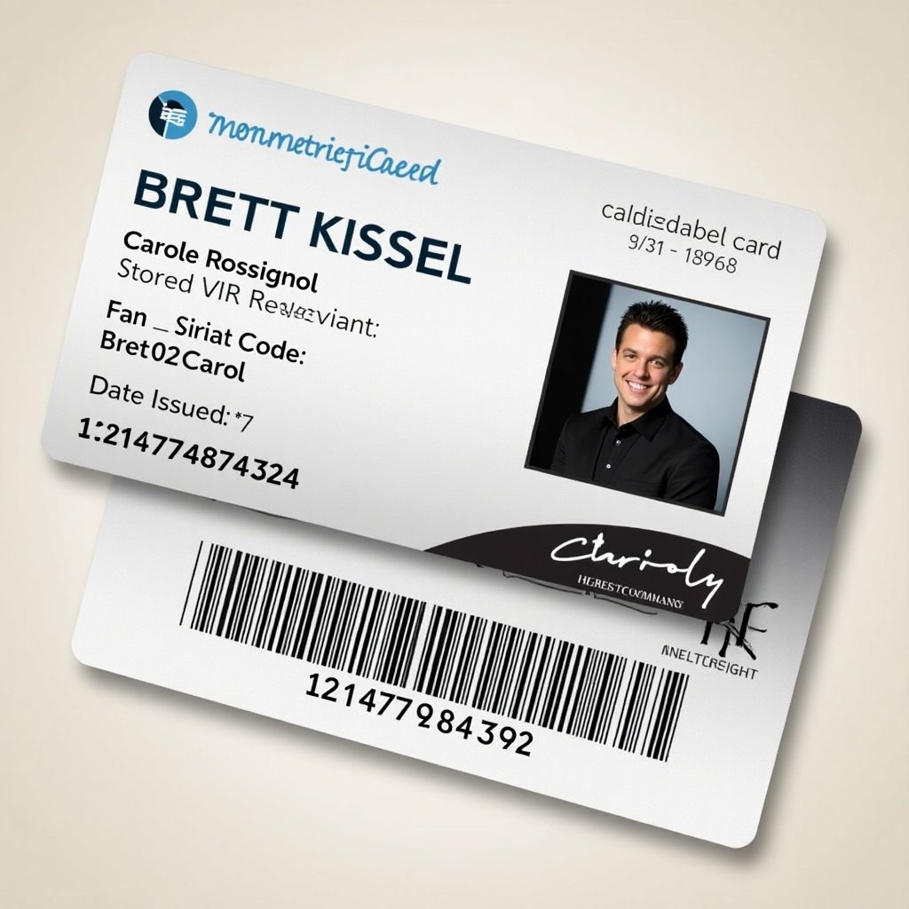 Design of a VIP membership card for Brett Kissel. Card includes name Carole Rossignol. Features fan serial code Brett02Carol. Date issued shows December 19 2024.