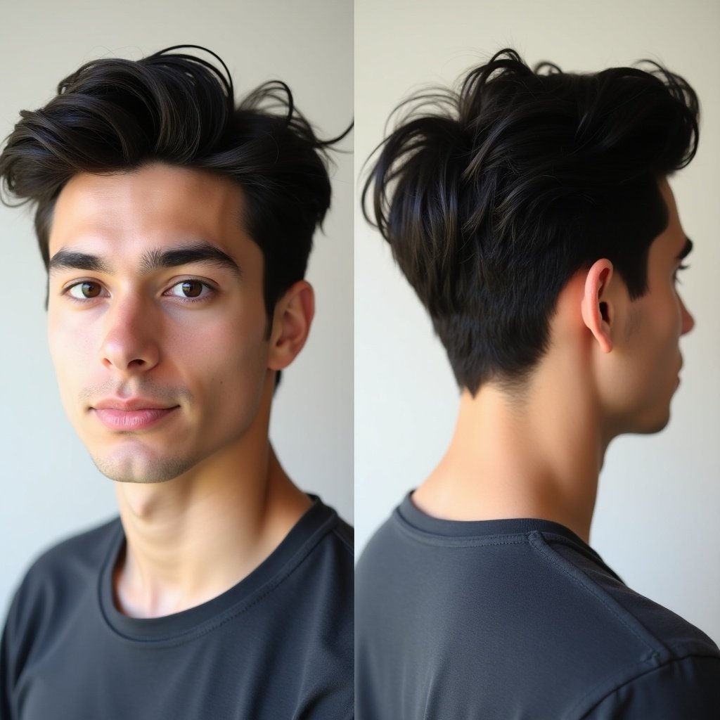 A young man with dark hair is shown in front and side profiles. A neutral backdrop is used.