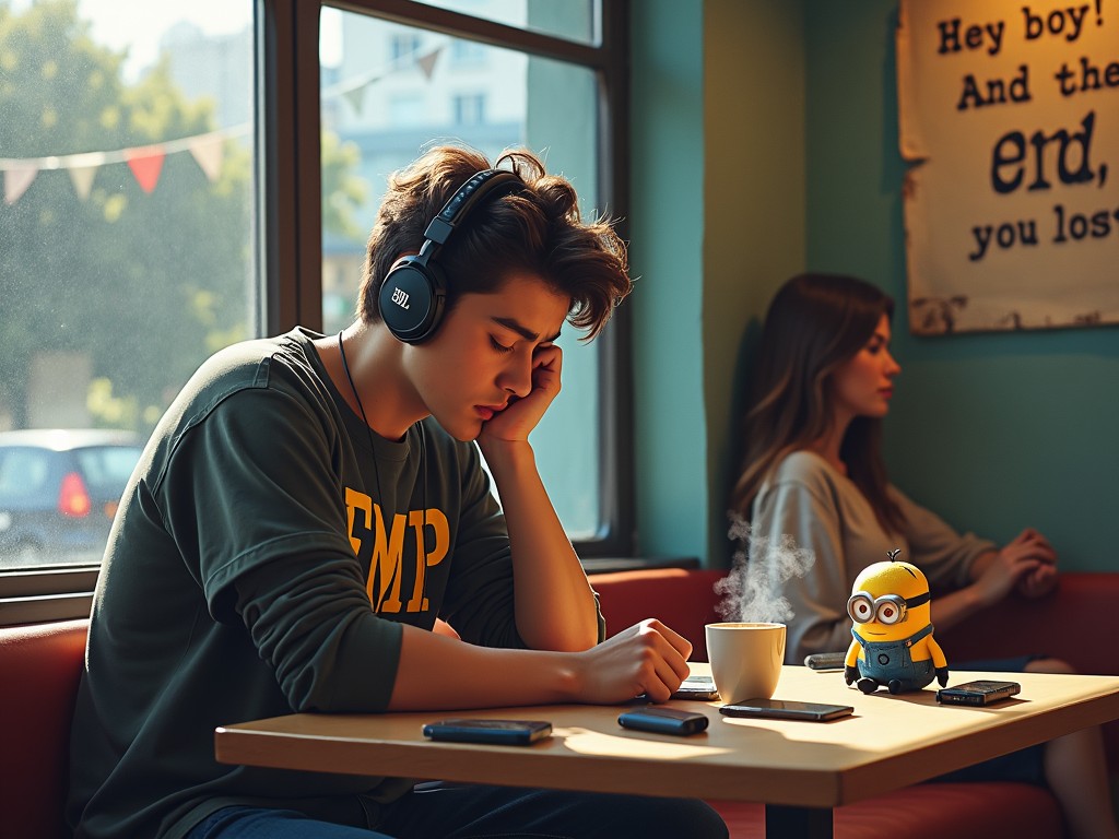 A young person wearing headphones listening to music in a cafe, seemingly deep in thought. A steaming cup of coffee and a small toy character are on the table. Another person is blurred in the background. Soft sunlight filters through a window.