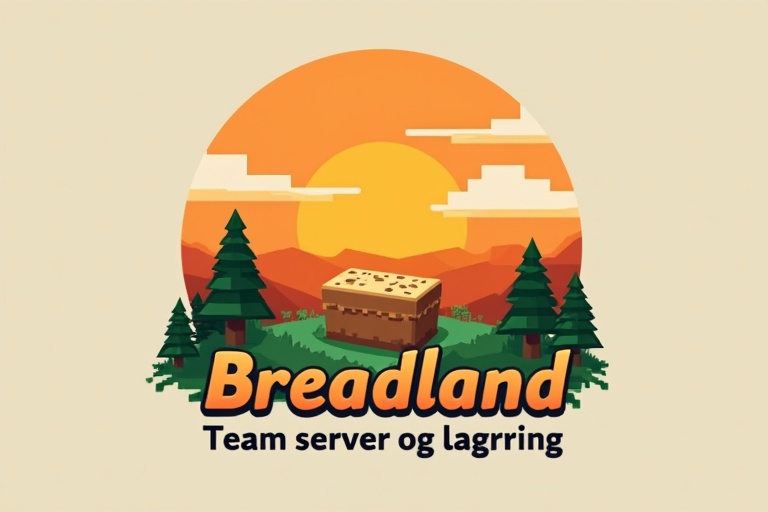 Logo designed for Minecraft server named Breadland. Includes an orange sunset with pixelated trees and grass. A pixel icon of bread is at the center. Includes text that says Team server og lagring. Features a modern and simplified icon style.