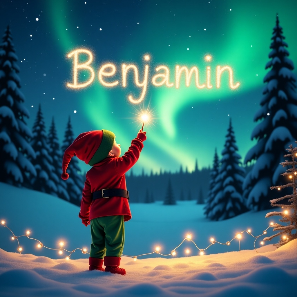 A cheerful scene featuring a child in an elf costume, gazing at the night sky. The child uses a wand to spell the name Benjamin in sparkling letters. The backdrop shows stunning northern lights illuminating a snowy landscape filled with evergreen trees. Glowing fairy lights adorn the foreground, adding to the holiday charm. The atmosphere is magical and festive, evoking memories of joyful celebrations. This image captures the essence of childhood wonder and imagination.