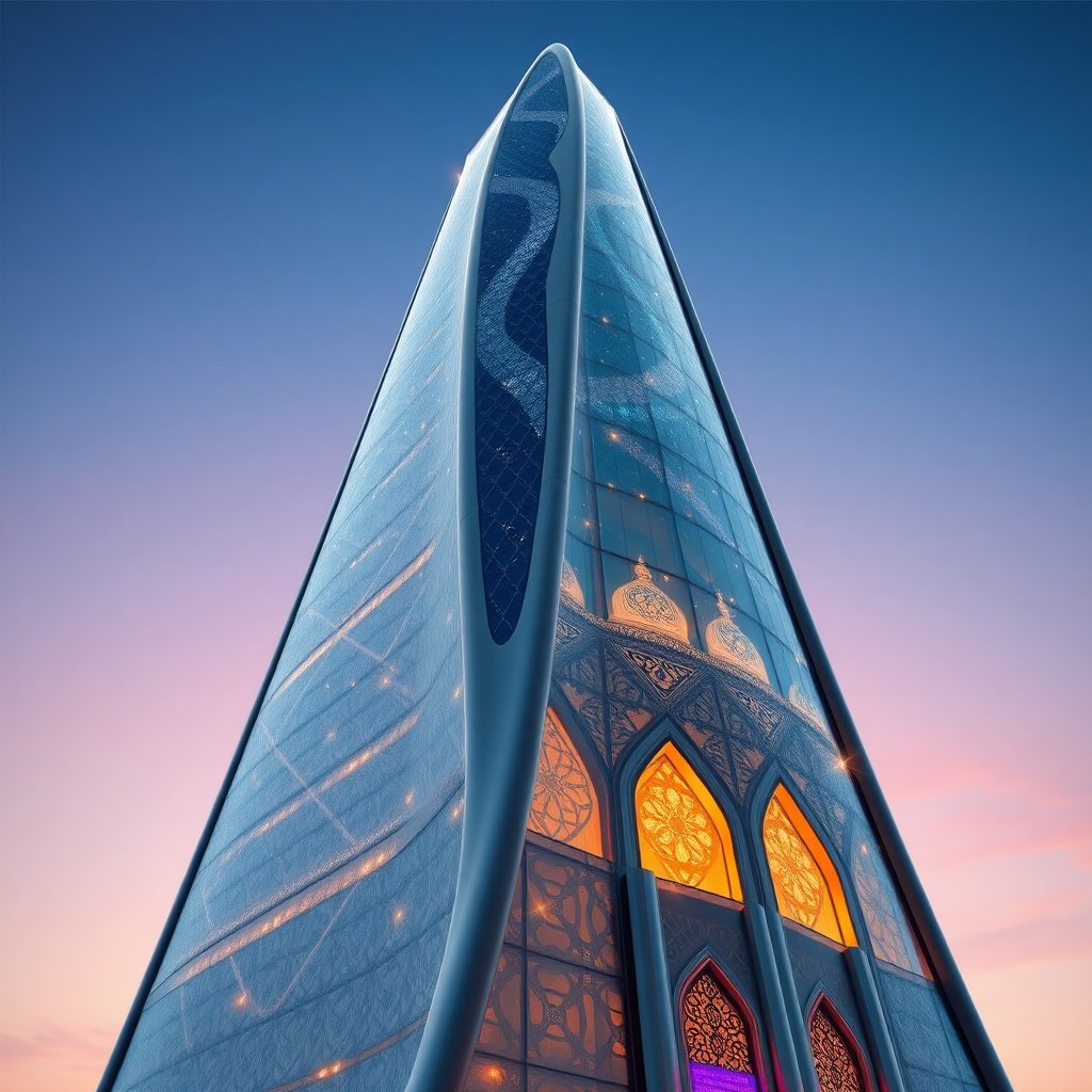 A futuristic skyscraper with Islamic architectural elements, featuring intricate patterns on a glass facade, against a twilight sky.