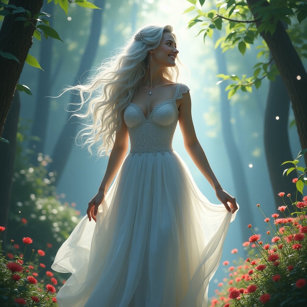 A beautiful woman stands gracefully among blooming flowers in a mystical forest. She has flowing hair and wears a delicate white dress that catches the light. Sunlight streams through the trees, creating an ethereal atmosphere. The vibrant flowers accentuate the tranquility of the scene. It’s a moment that embodies nature’s beauty and grace.