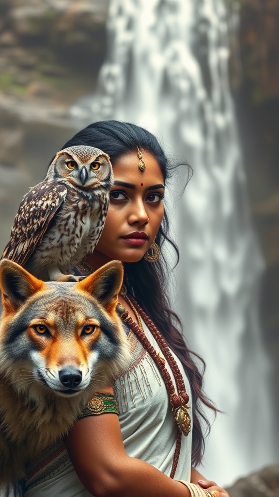 A woman stands majestically with an owl perched on her shoulder and a wolf by her side, set against a waterfall backdrop.