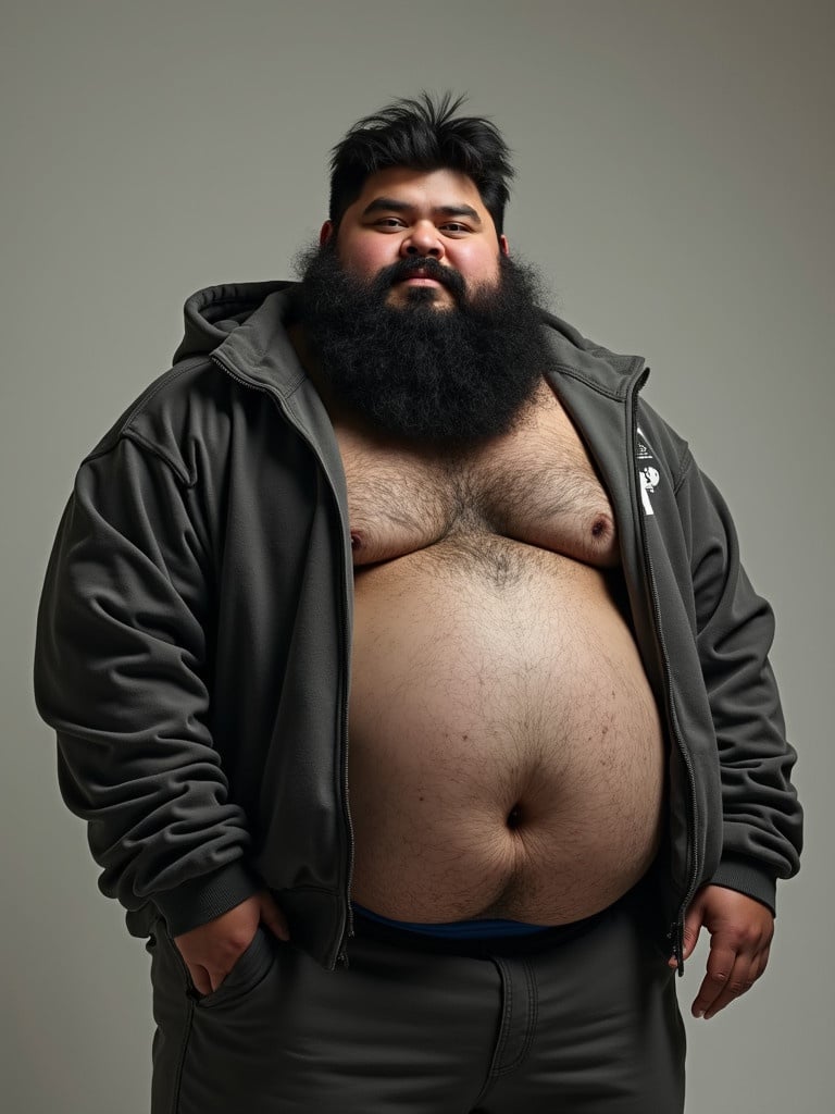 Portrait of a 23-year-old man with a rounded belly and fluffy black hair. He has a full beard and is wearing baggy clothing. The setting highlights a casual atmosphere.