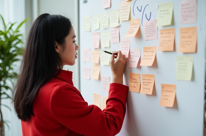 A woman in a red jacket writes on sticky notes attached to a whiteboard.