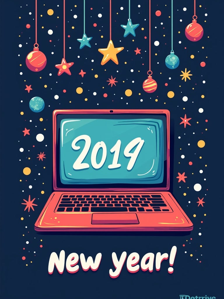 Colorful New Year greeting card. Display laptop at center. Include festive decorations like stars and ornaments. Use bright colors. Emphasize cheerful fonts. Intended for eltrive company.