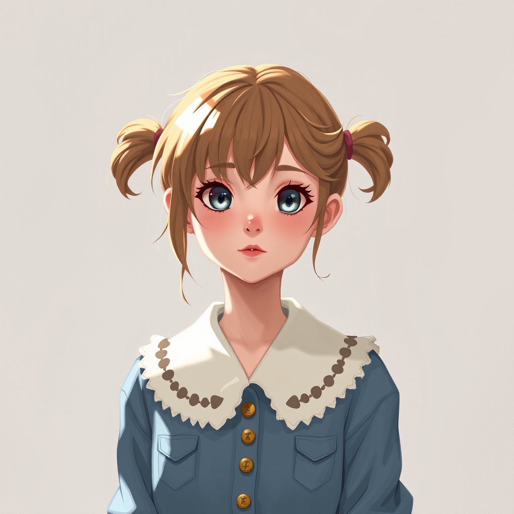 A digital illustration of a young girl with pigtails and a large collar, evoking a sense of innocence and charm.