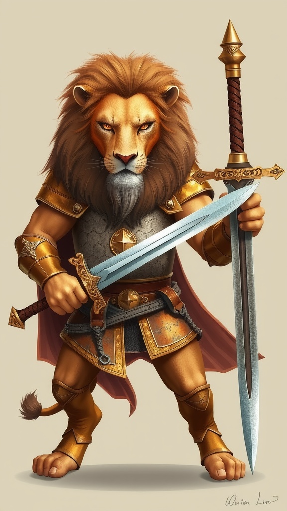 This digital artwork depicts an anthropomorphic lion dressed in medieval armor. The lion stands confidently holding a massive sword with intricate details in its hilt. Its golden armor is accentuated by a flowing red cape, and the lion's mane is luxuriously detailed, adding to its majestic presence. The background is a soft, neutral color, allowing the lion and its striking battle gear to be the main focus.